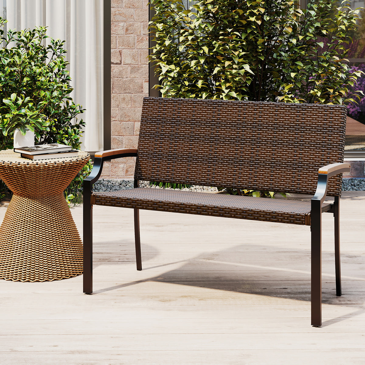 PE Rattan Loveseat Chair with Acacia Wood Armrests