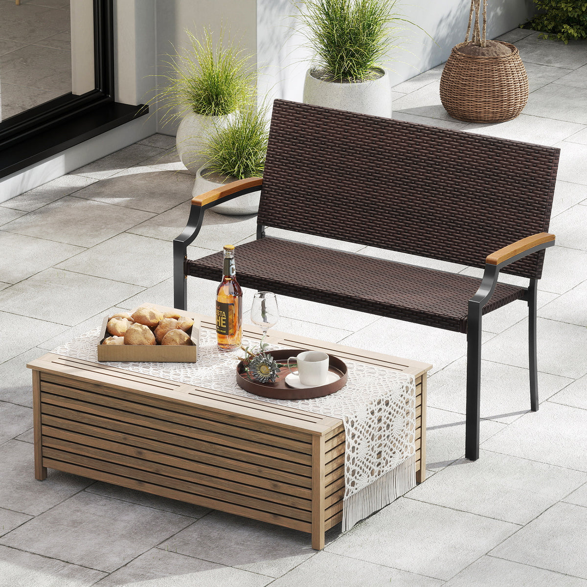 PE Rattan Loveseat Chair with Acacia Wood Armrests