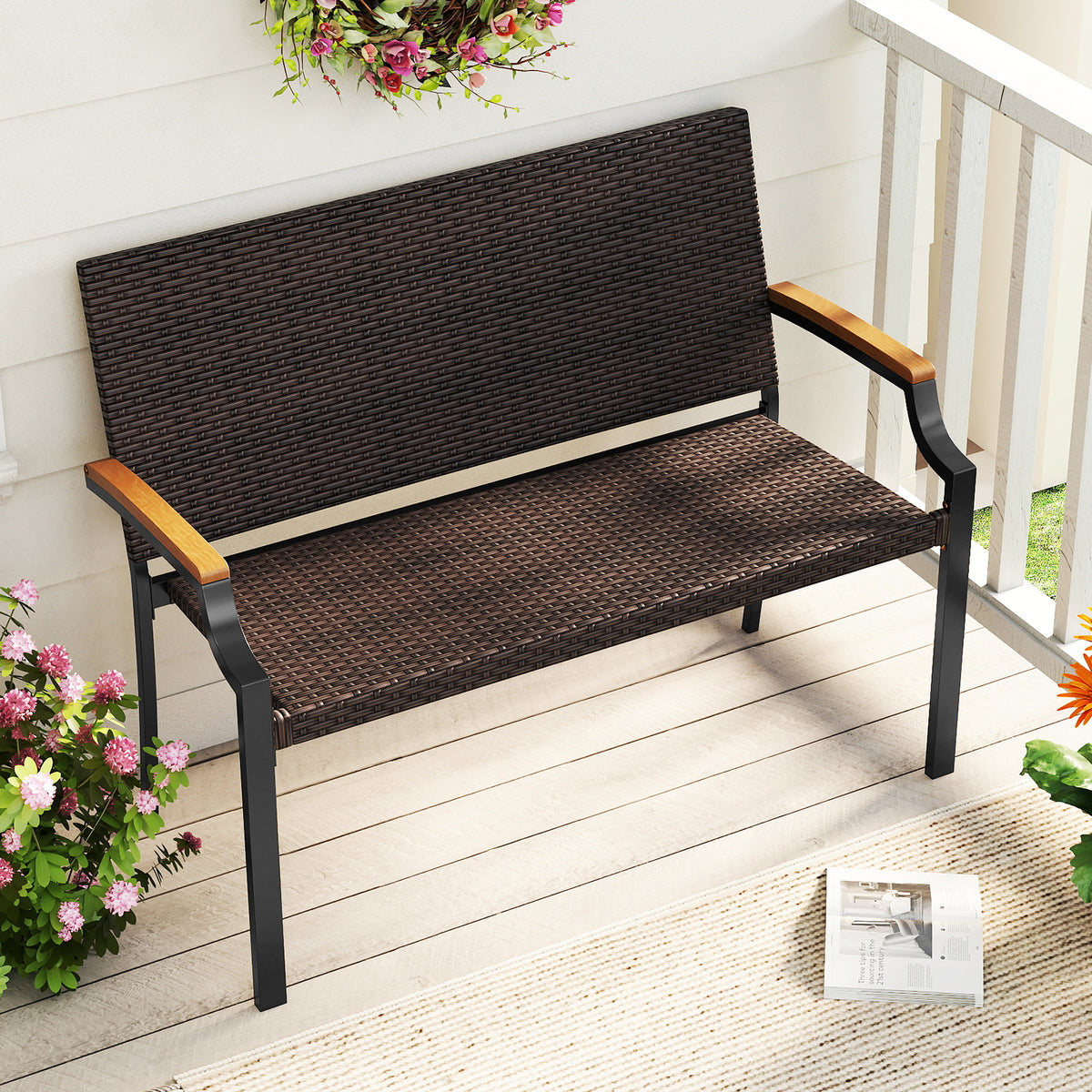 PE Rattan Loveseat Chair with Acacia Wood Armrests