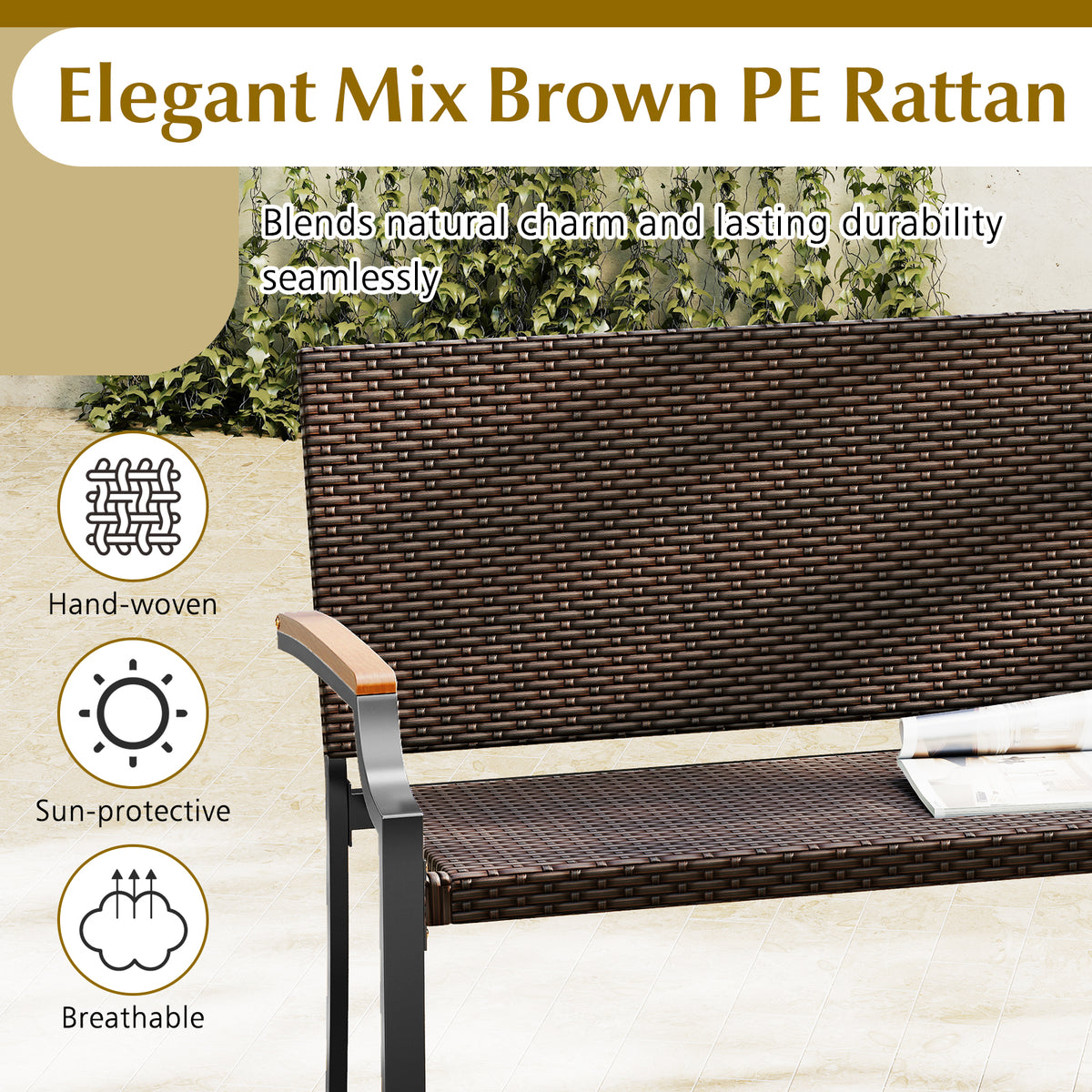 PE Rattan Loveseat Chair with Acacia Wood Armrests
