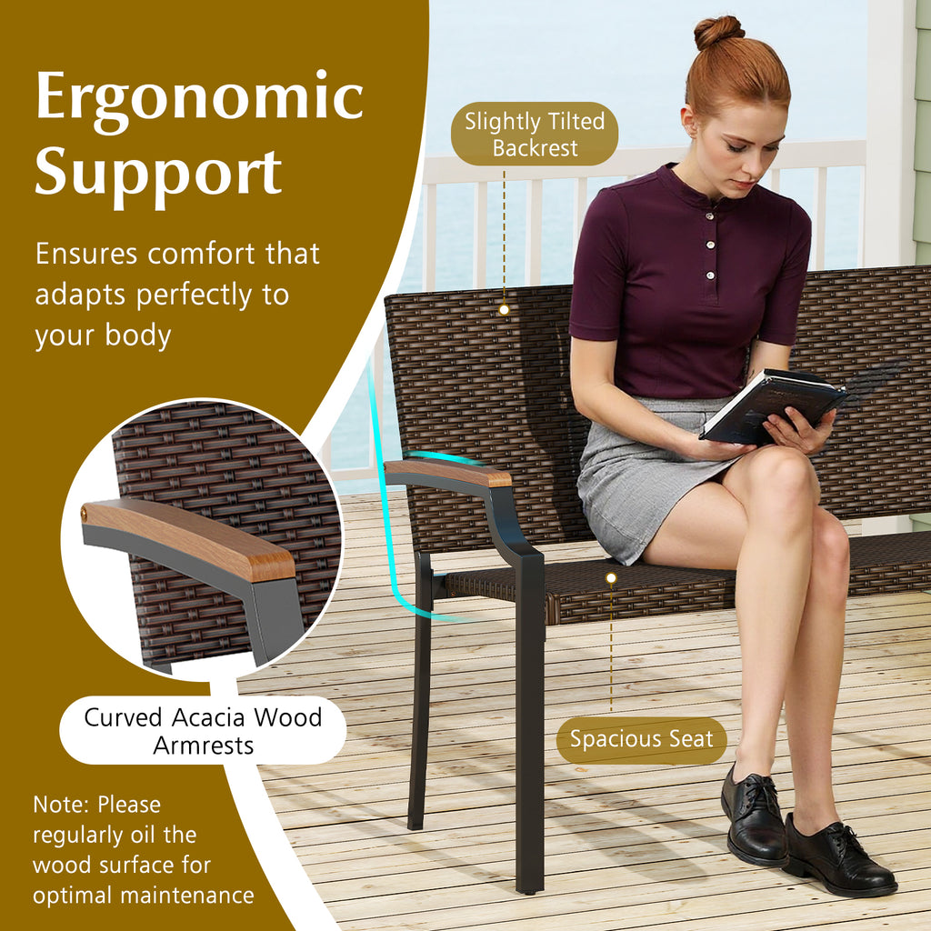 PE Rattan Loveseat Chair with Acacia Wood Armrests