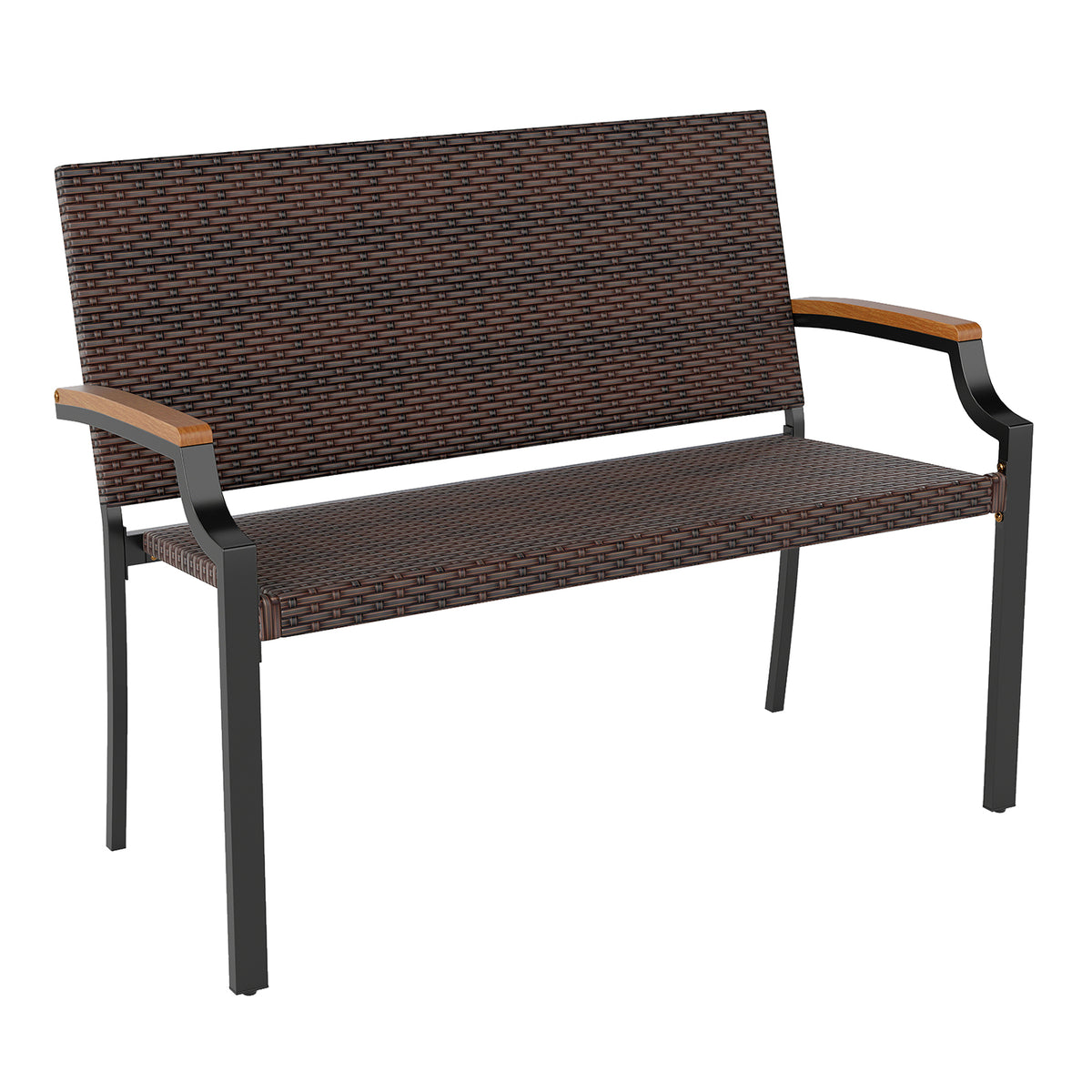 Outdoor Bench with Rubber Wood Frame and Hand-Woven PU Leather - Brown