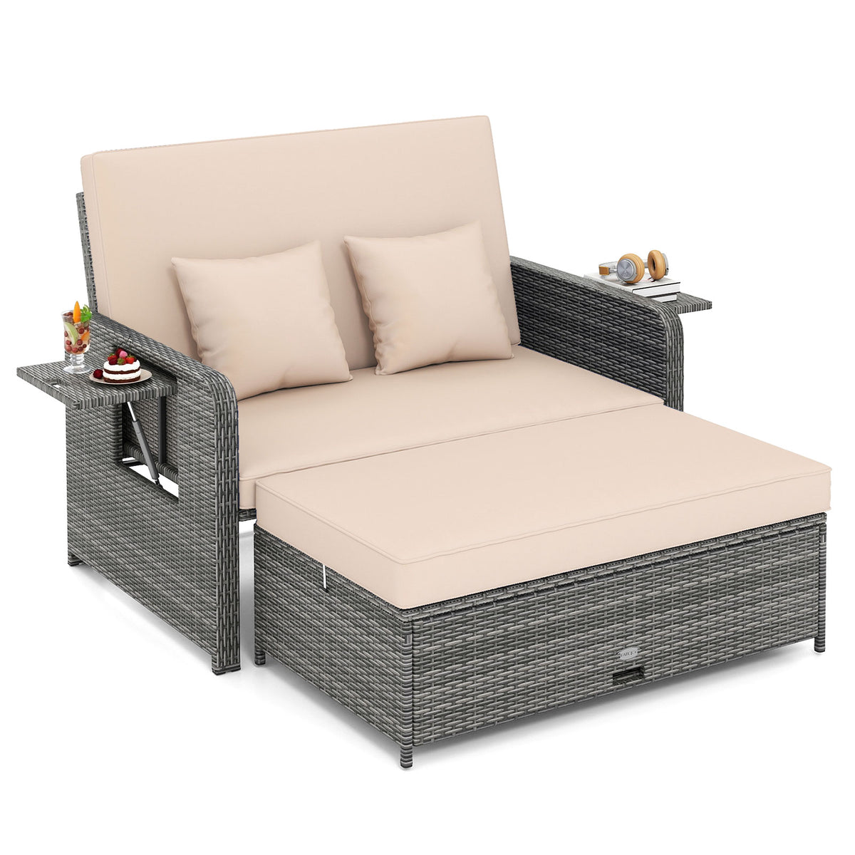 Patio Wicker Loveseat Sofa with Multipurpose Ottoman and Retractable