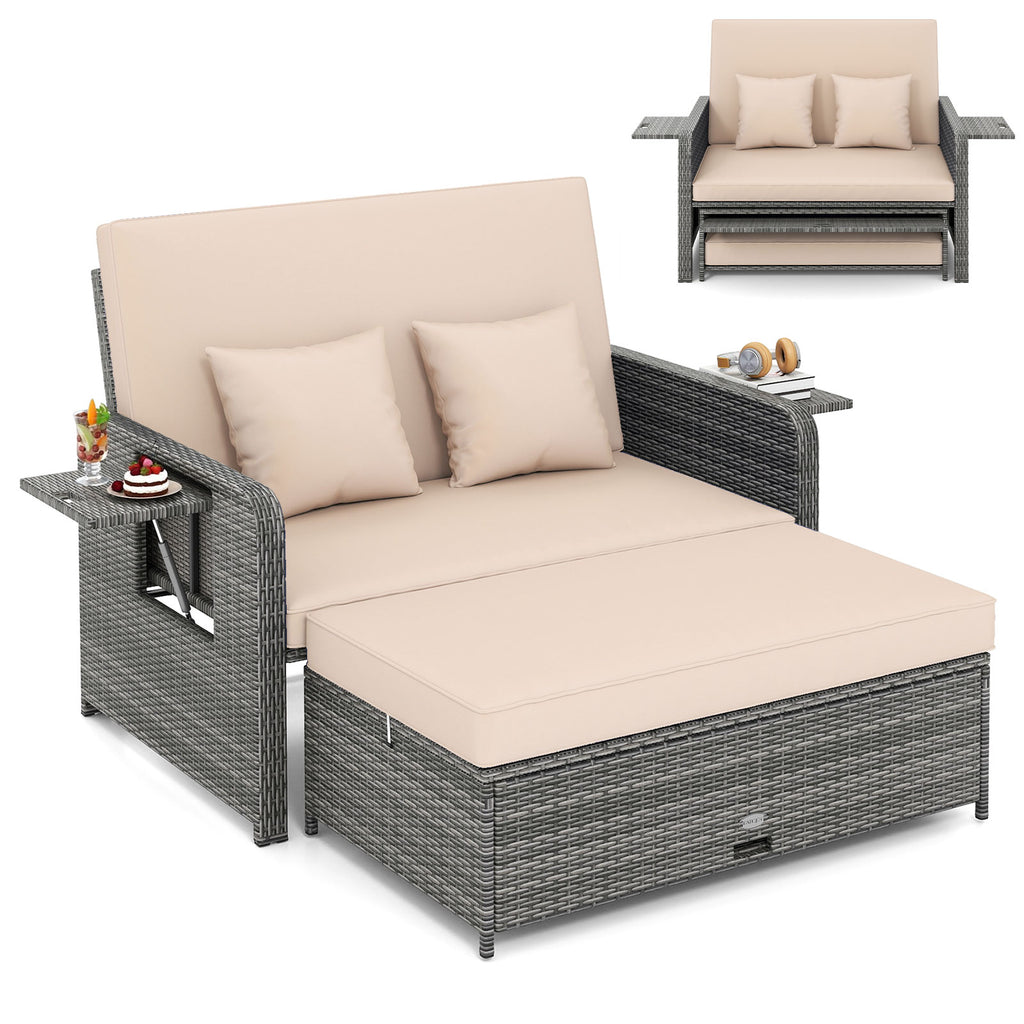 Patio Wicker Loveseat Sofa with Ottoman & Side Tables – Beige