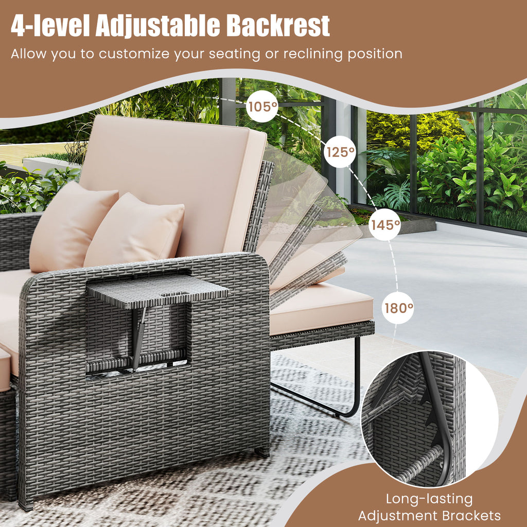 Patio Wicker Loveseat Sofa with Ottoman & Side Tables – Beige