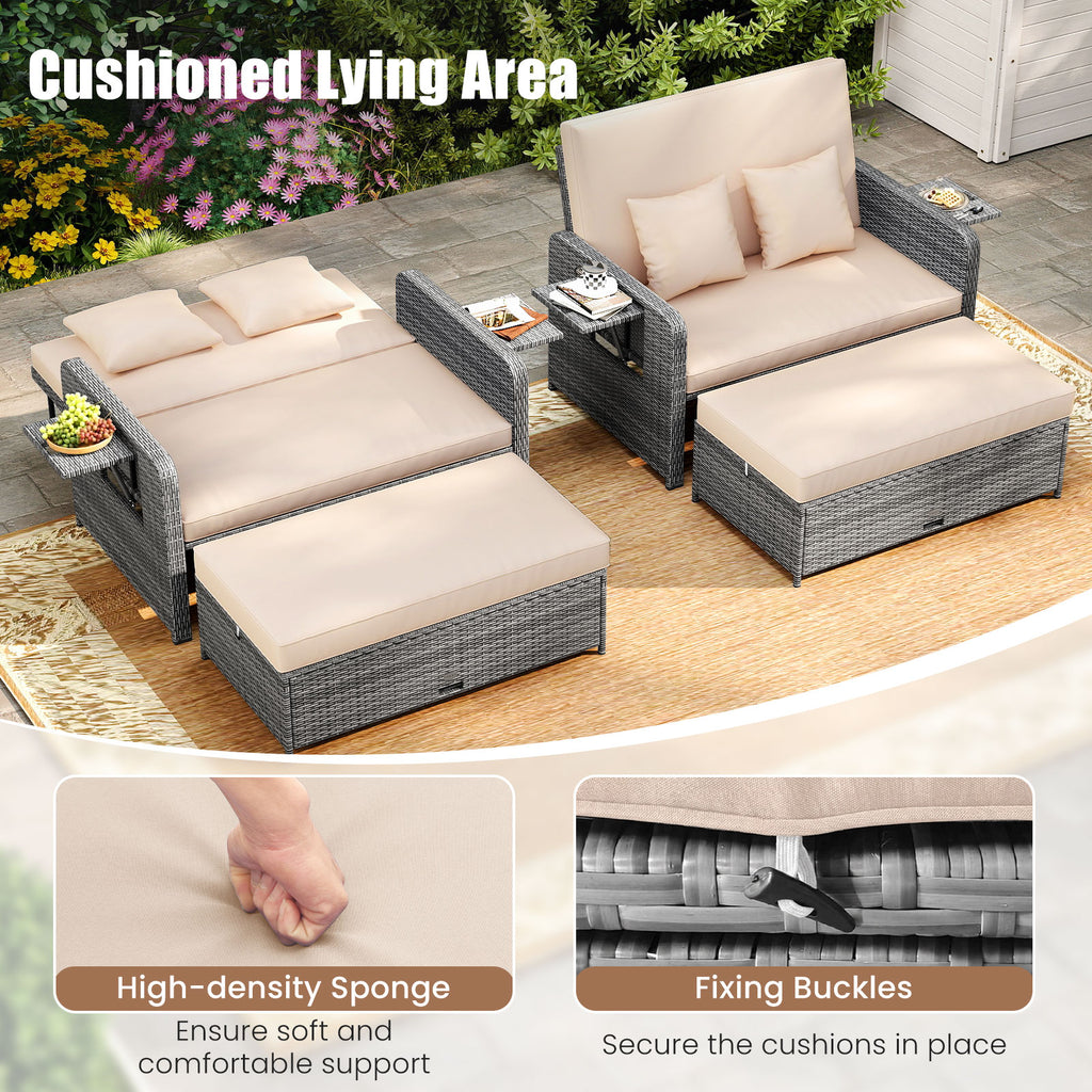 Patio Wicker Loveseat Sofa with Ottoman & Side Tables – Beige