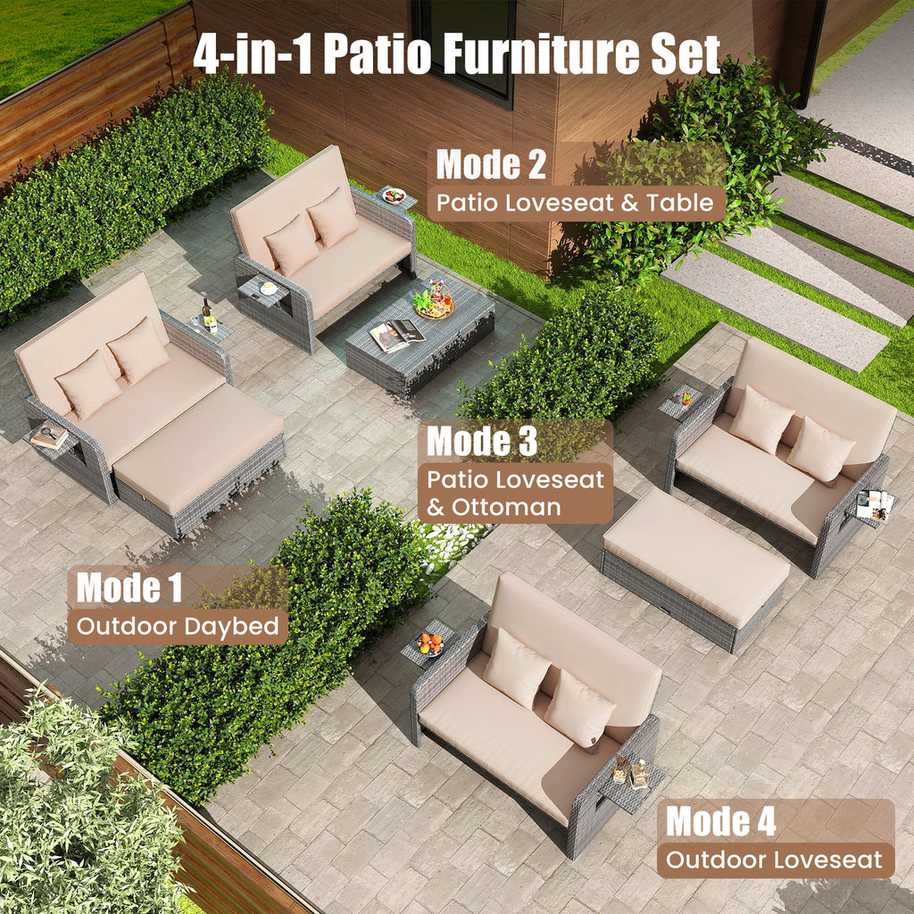 Patio Wicker Loveseat Sofa with Ottoman & Side Tables – Beige