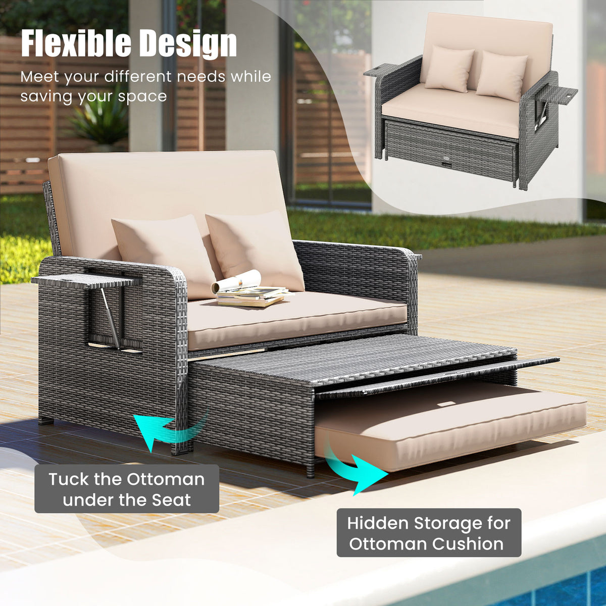 Patio Wicker Loveseat Sofa with Ottoman & Side Tables – Beige