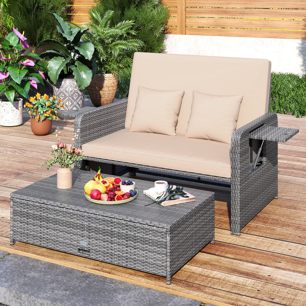 Patio Wicker Loveseat Sofa with Ottoman & Side Tables – Beige