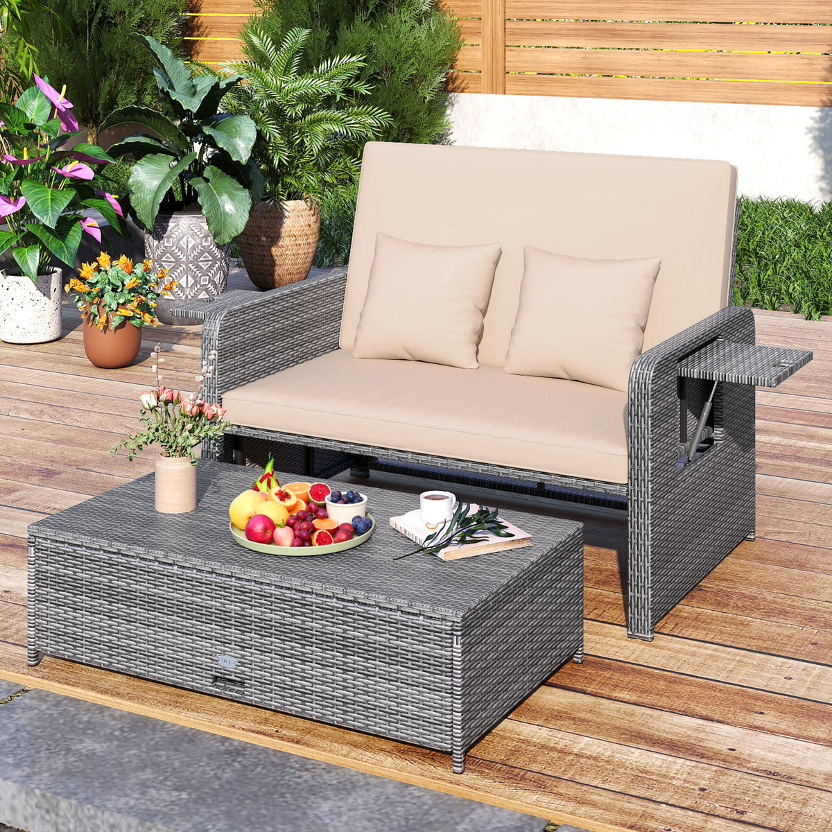 Patio Wicker Loveseat Sofa with Ottoman & Side Tables – Beige