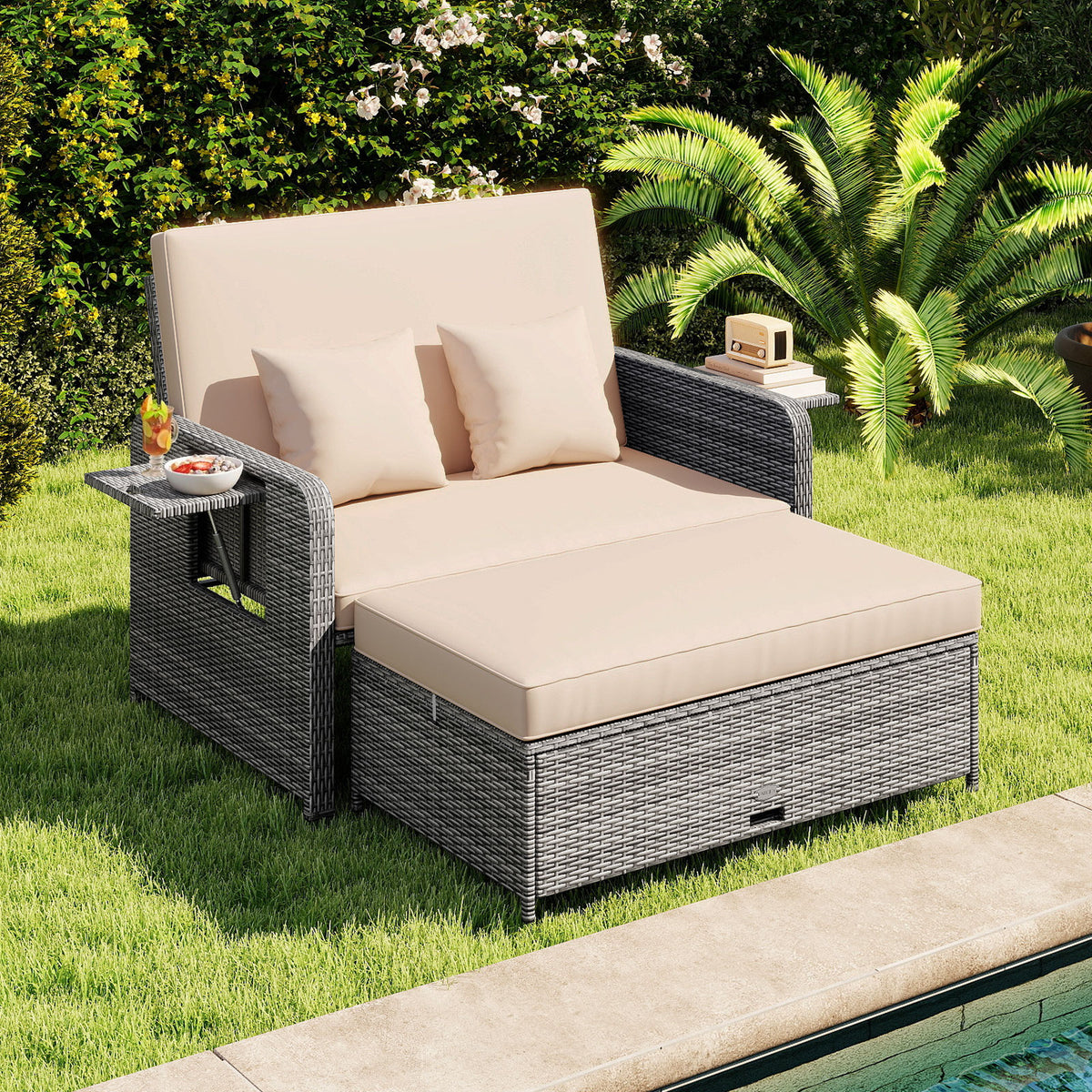 Patio Wicker Loveseat Sofa with Ottoman & Side Tables – Beige