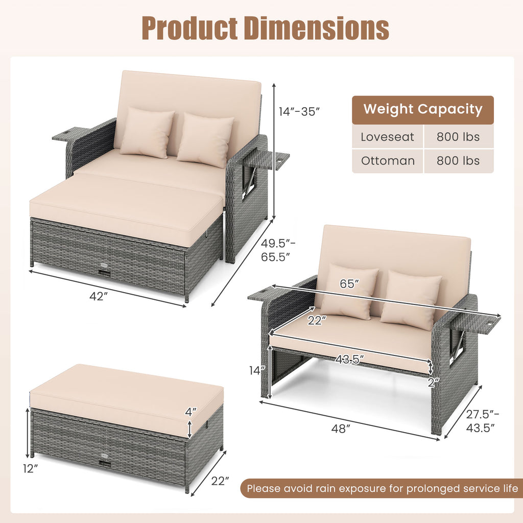 Patio Wicker Loveseat Sofa with Ottoman & Side Tables – Beige
