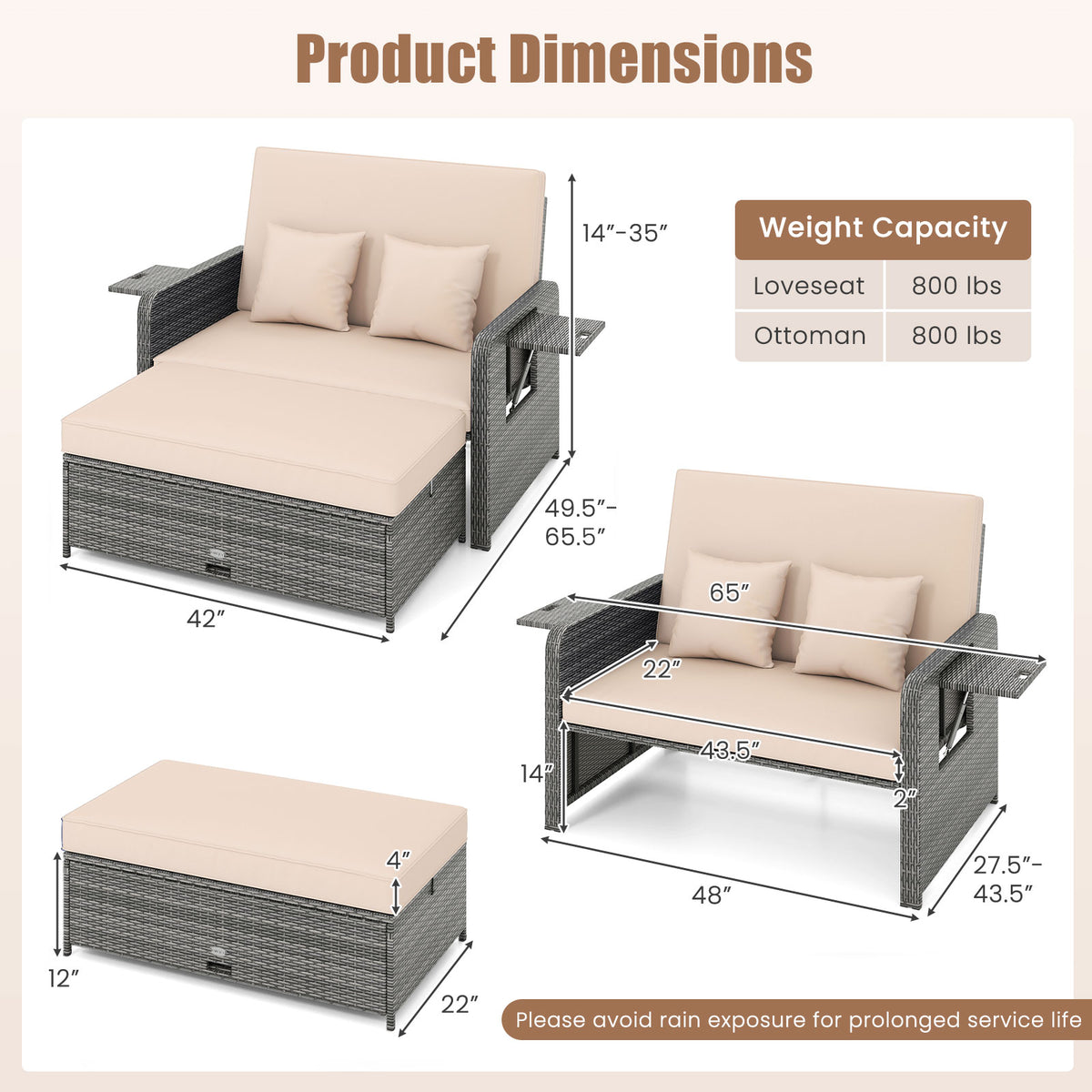 Patio Wicker Loveseat Sofa with Ottoman & Side Tables – Beige