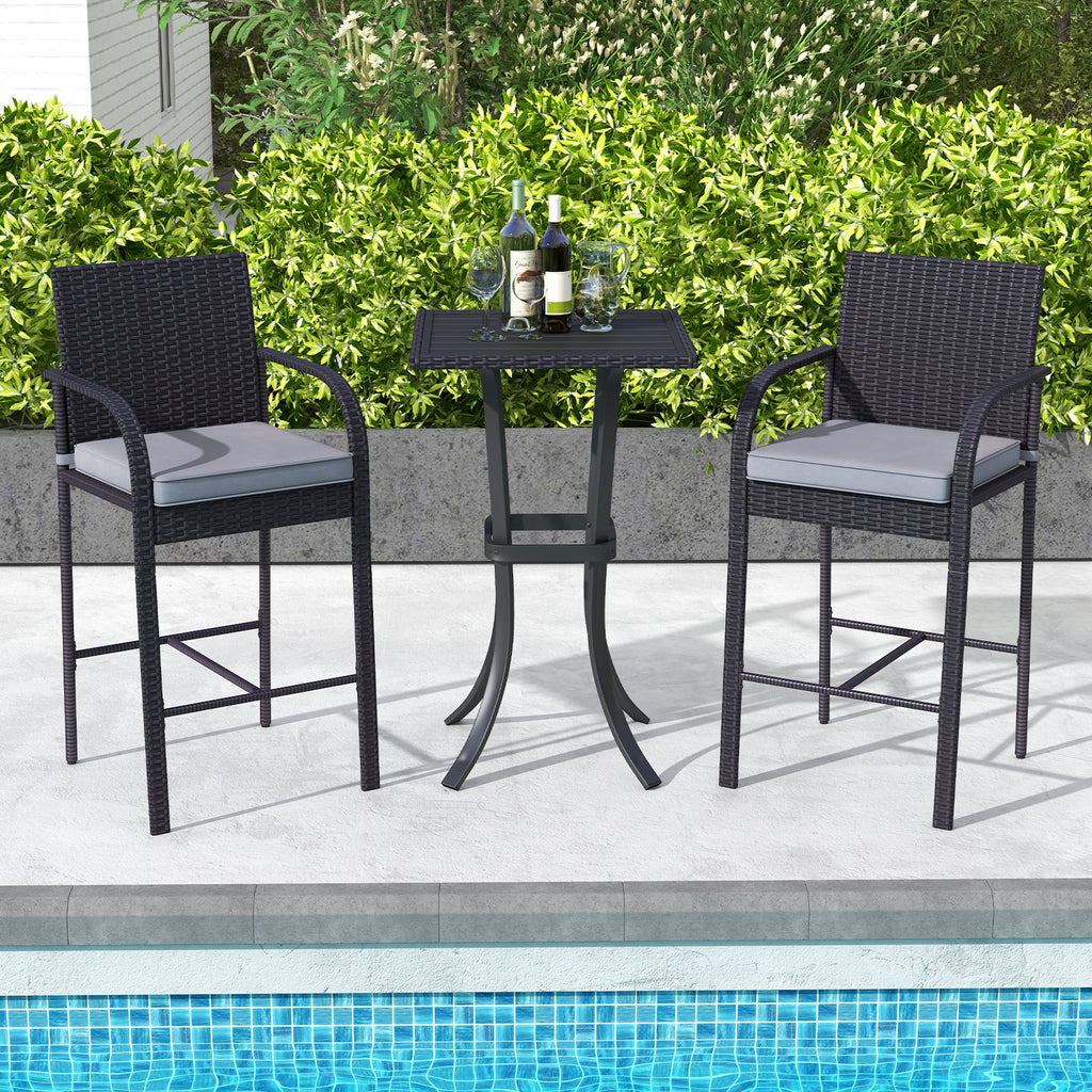 3-Piece Patio Wicker Rattan Bar Height Chairs and Square Table Set