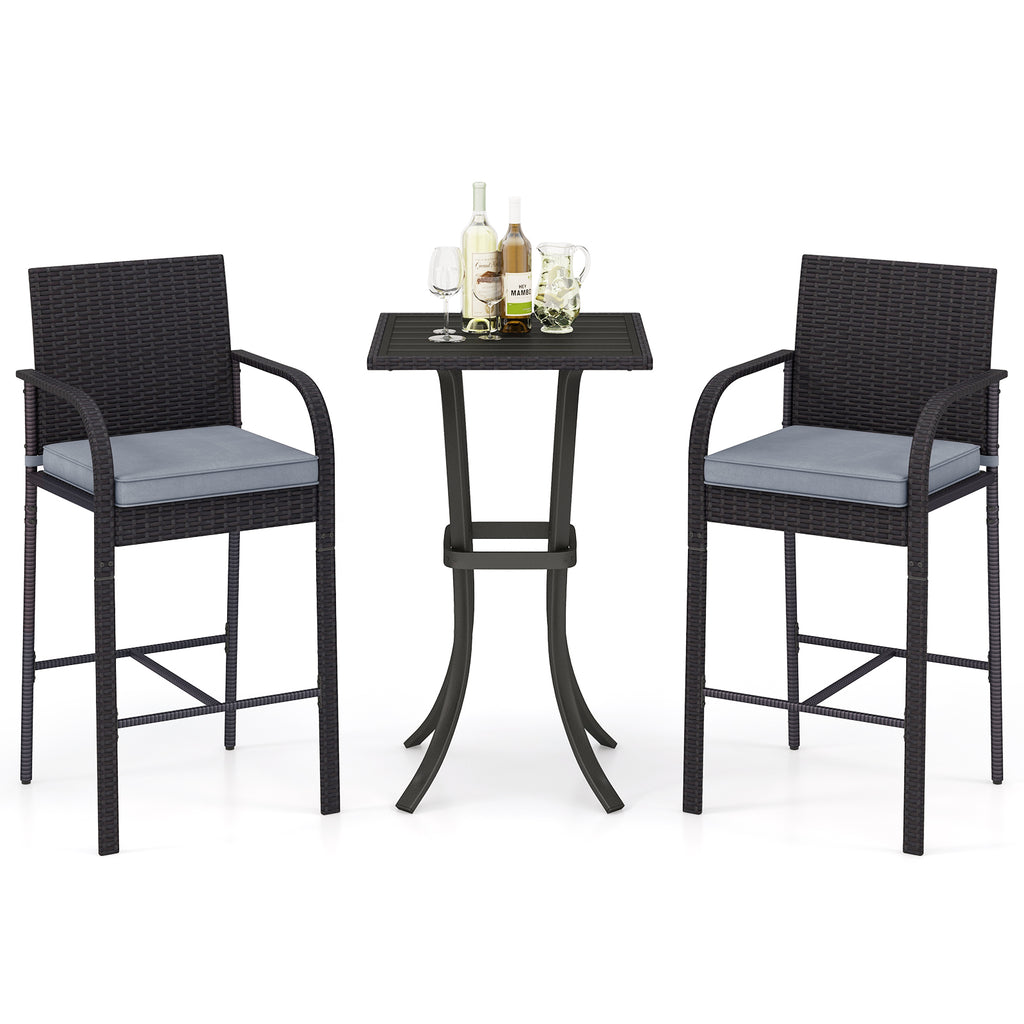 3-Piece Patio Wicker Rattan Bar Height Chairs and Square Table Set