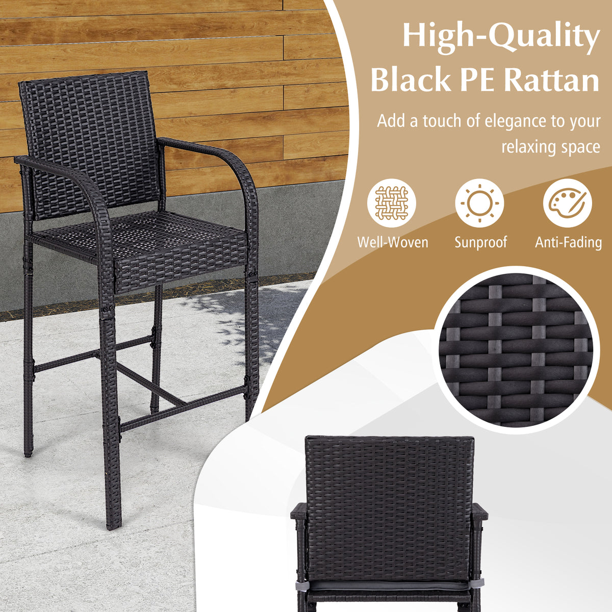3-Piece Patio Wicker Rattan Bar Height Chairs and Square Table Set