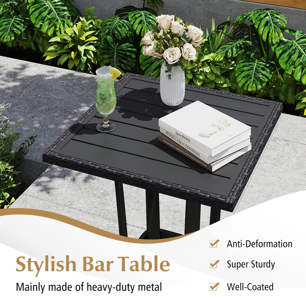 3-Piece Patio Wicker Rattan Bar Height Chairs and Square Table Set