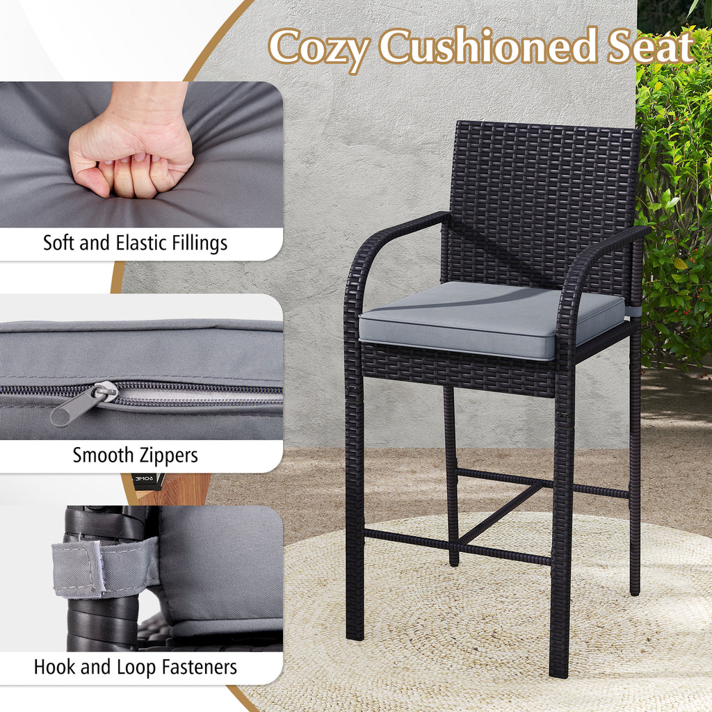 3-Piece Patio Wicker Rattan Bar Height Chairs and Square Table Set