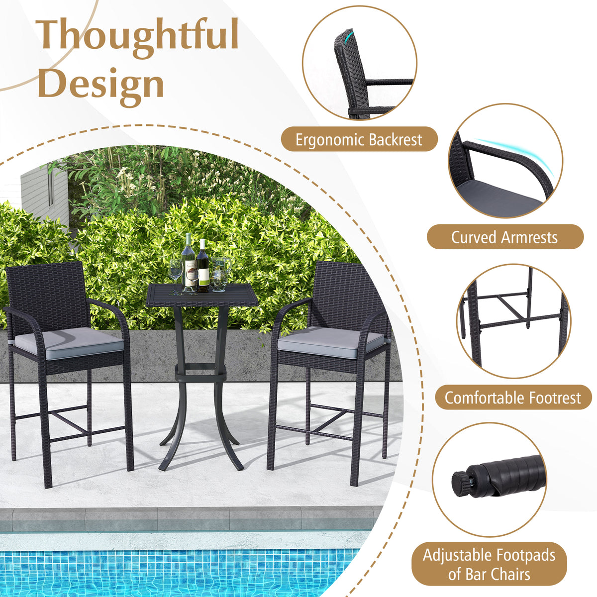 3-Piece Patio Wicker Rattan Bar Height Chairs and Square Table Set