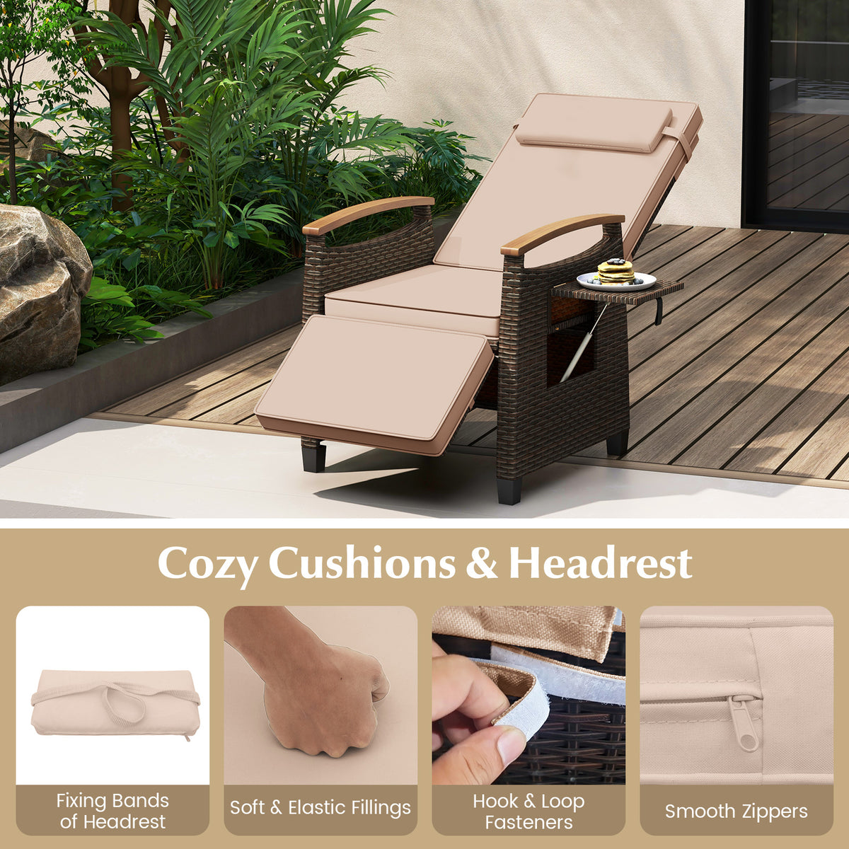 Patio Wicker Recliner Chair with Adjustable Backrest and Footrest