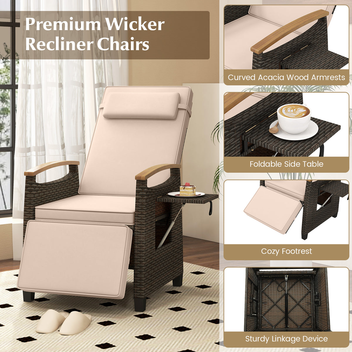 Patio Wicker Recliner Chair with Adjustable Backrest and Footrest