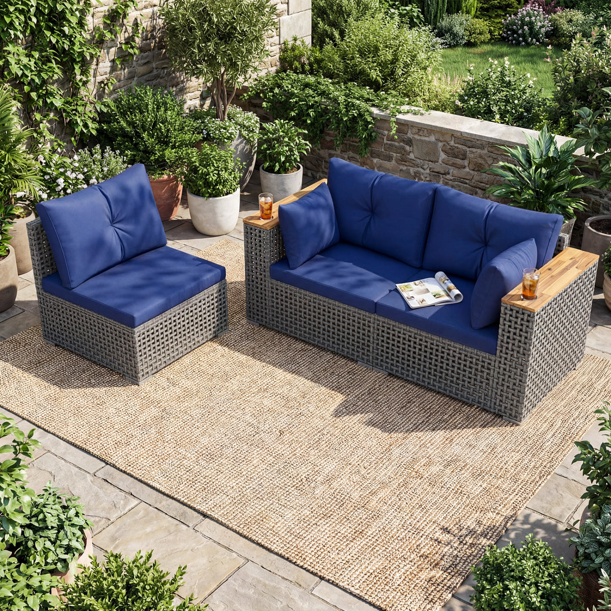 Patio Wicker Sectional Furniture Set with 1 Armless and 2 Corner