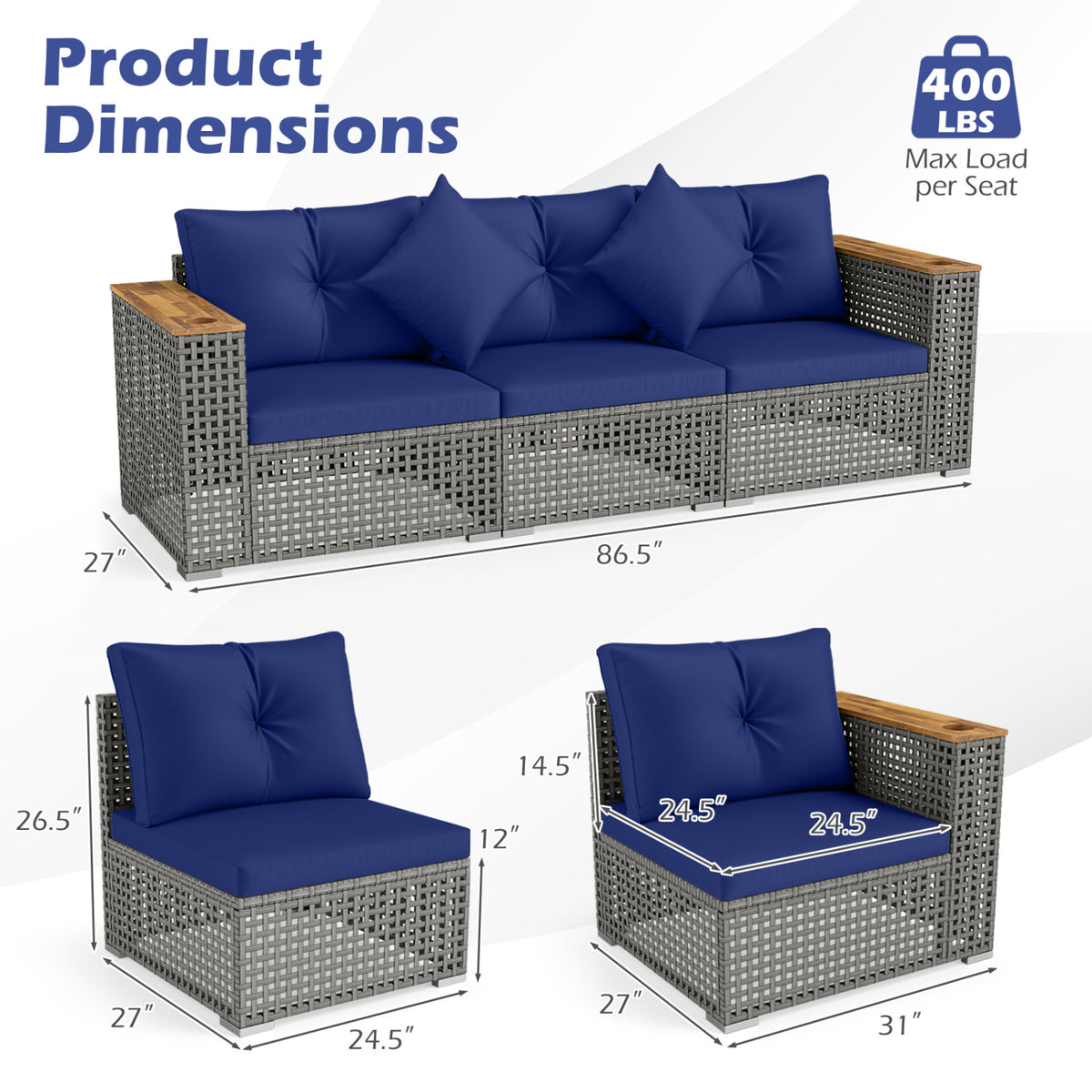 Patio Wicker Sectional Furniture Set with 1 Armless and 2 Corner