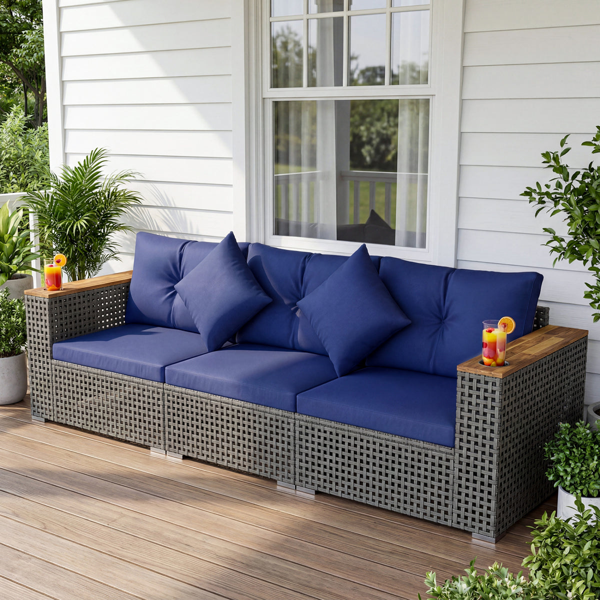 Patio Wicker Sectional Furniture Set with 1 Armless and 2 Corner