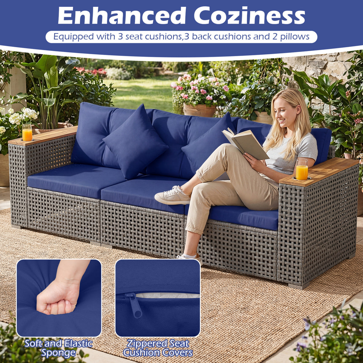 Patio Wicker Sectional Furniture Set with 1 Armless and 2 Corner