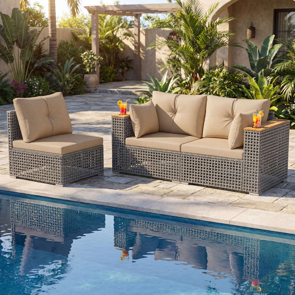 Patio Wicker Sectional Furniture Set with 1 Armless and 2 Corner