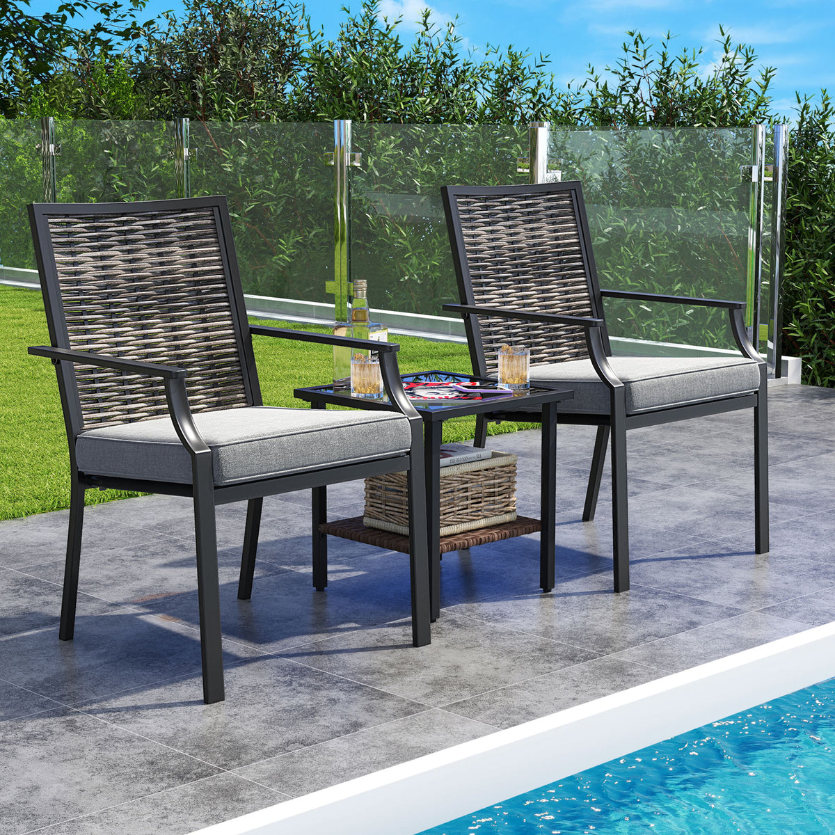 Patio Wicker Chairs Set of 2 Stackable Rattan Armchairs with