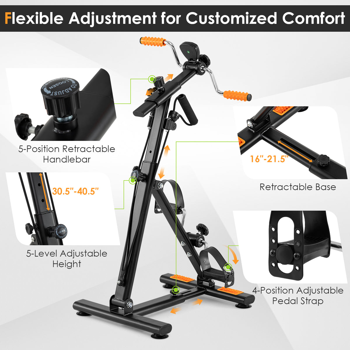 Pedal Exerciser with Adjustable Resistance for Arm and Leg Workout - Orange, Resistance Bands Included
