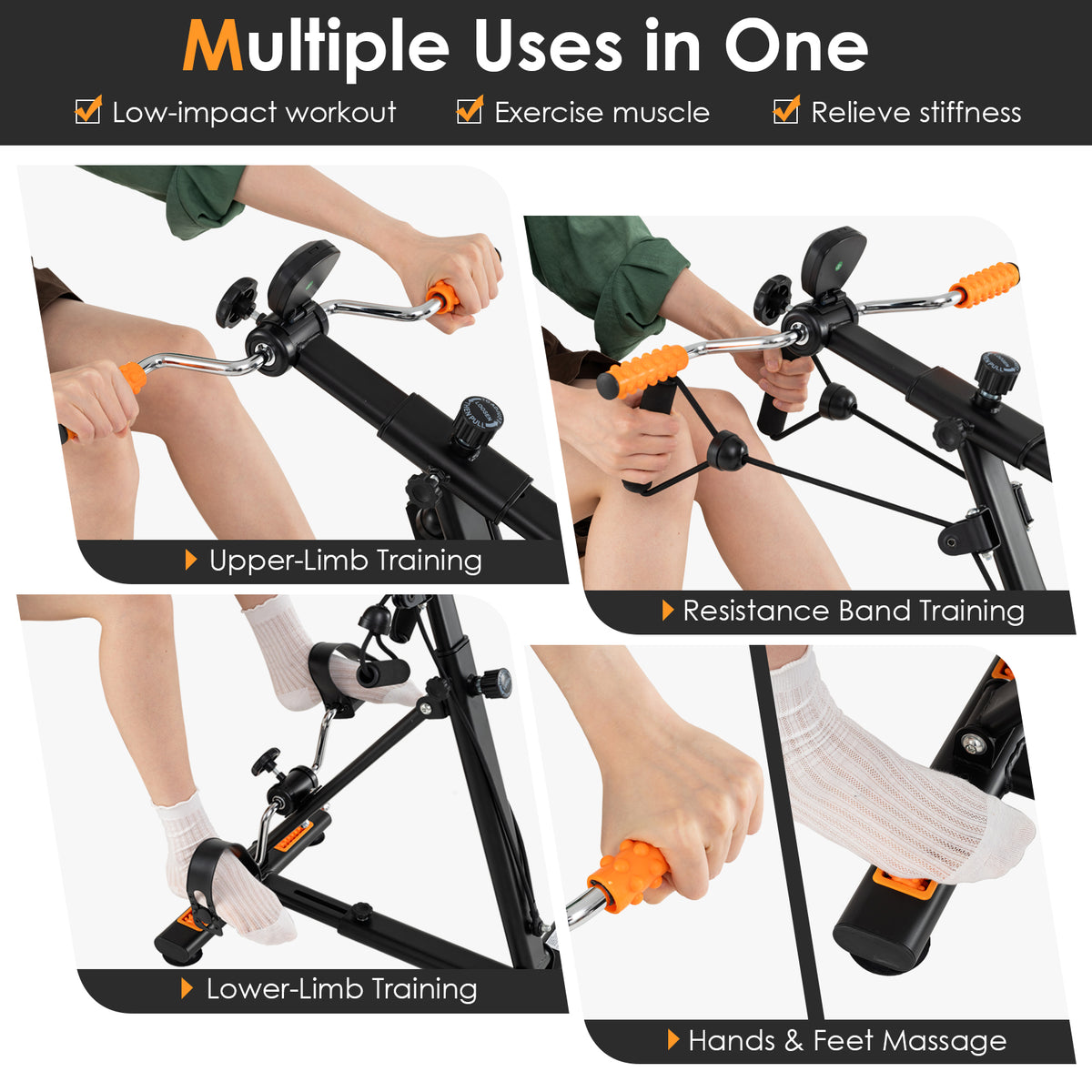 Pedal Exerciser with Adjustable Resistance for Arm and Leg Workout - Orange, Resistance Bands Included