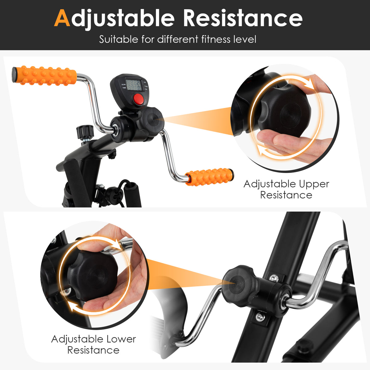 Pedal Exerciser with Adjustable Resistance for Arm and Leg Workout - Orange, Resistance Bands Included