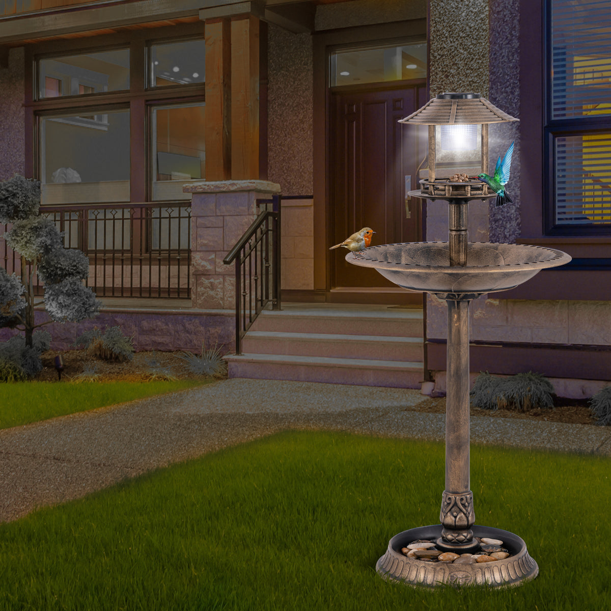 Waterproof Bird Bath & Feeder with Solar Light & Flower Planter - Bronze Variation