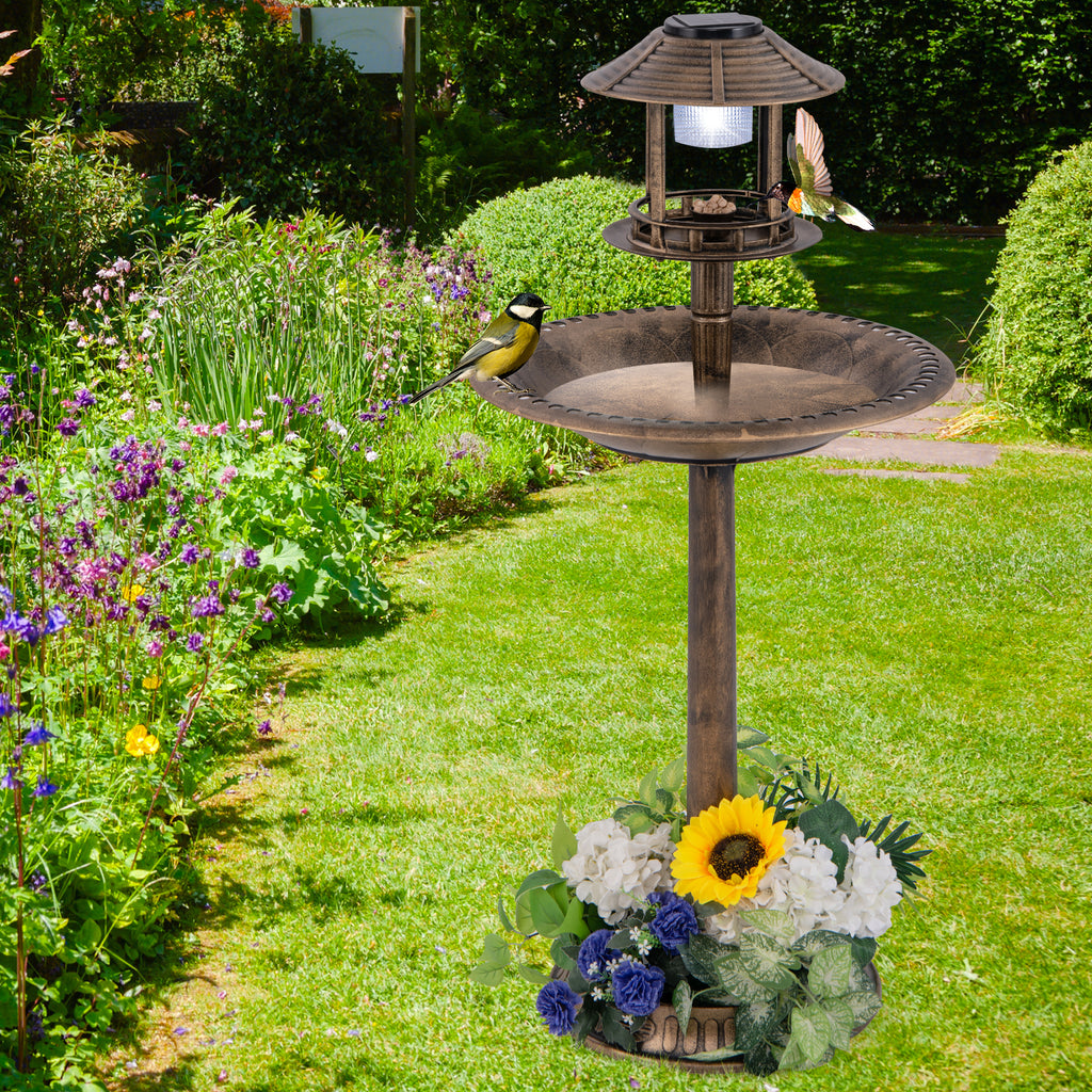 Waterproof Bird Bath & Feeder with Solar Light & Flower Planter - Bronze Variation