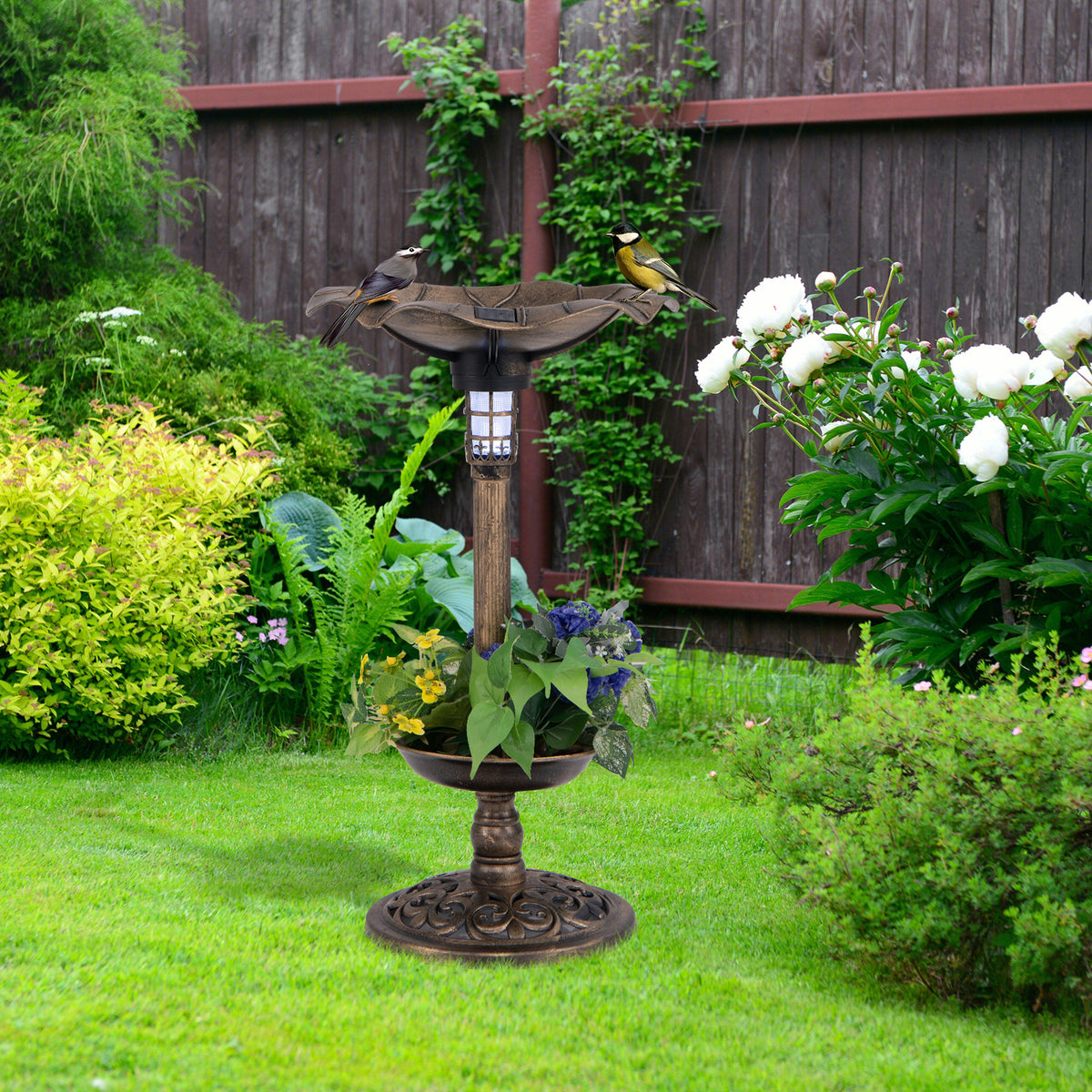 Birdbath and Feeder Combo with Lotus Leaf Bowl - Bronze Bottom Planter Variation