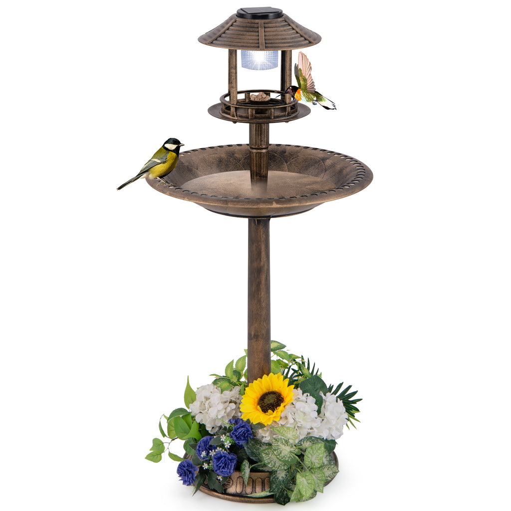 Waterproof Bird Bath & Feeder with Solar Light & Flower Planter - Bronze Variation