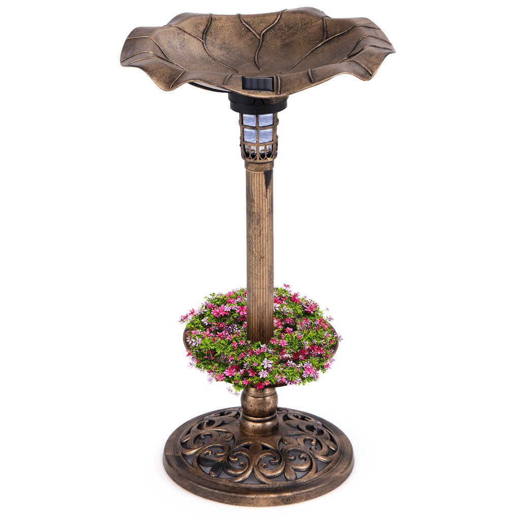 Birdbath and Feeder Combo with Lotus Leaf Bowl - Bronze Bottom Planter Variation