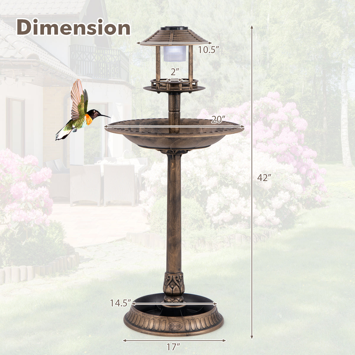 Waterproof Bird Bath & Feeder with Solar Light & Flower Planter - Bronze Variation