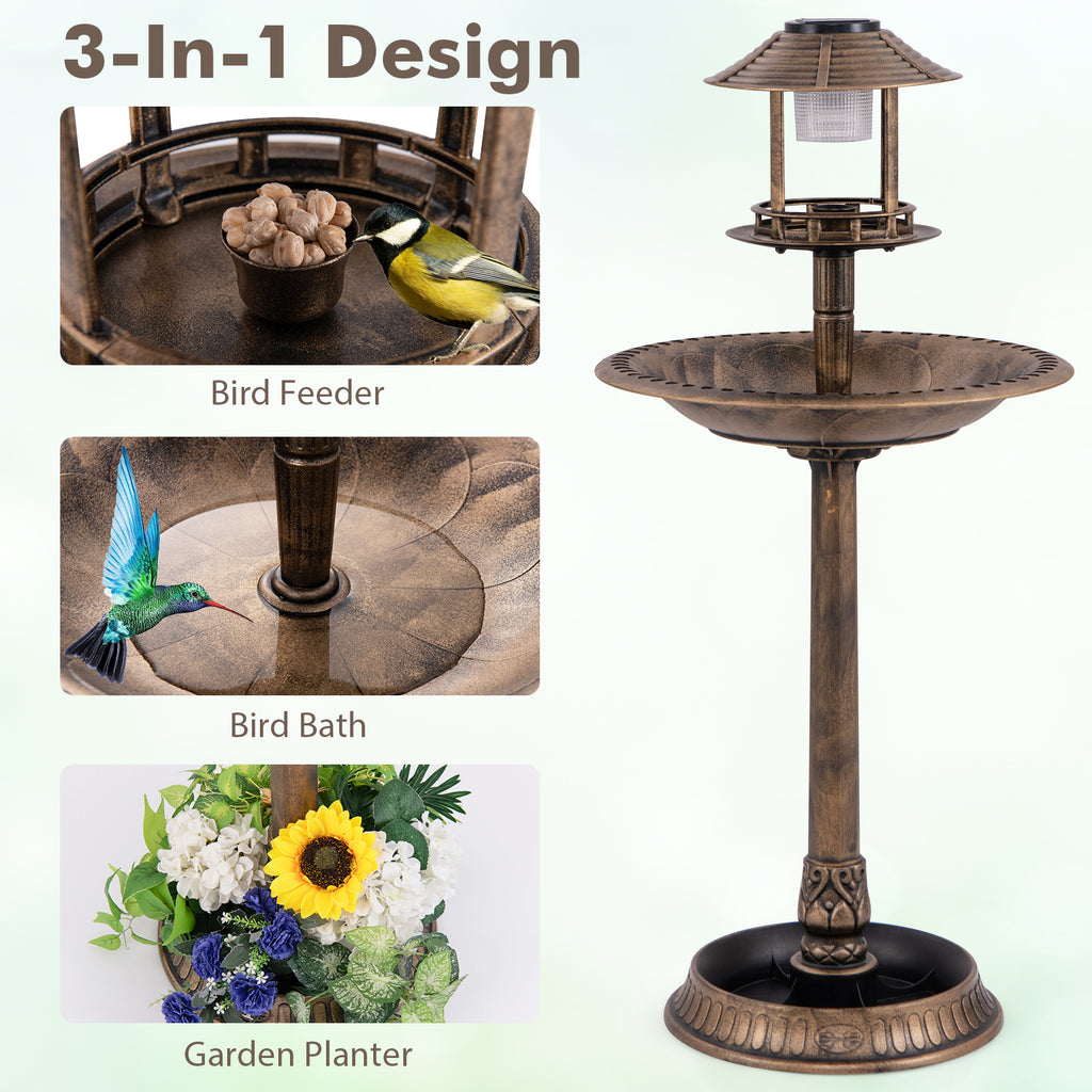 Waterproof Bird Bath & Feeder with Solar Light & Flower Planter - Bronze Variation