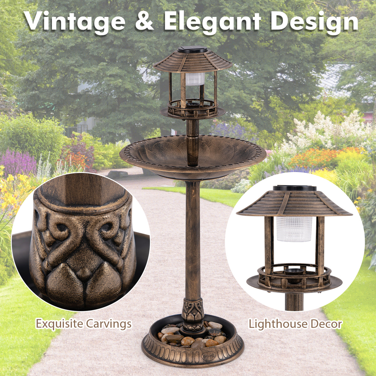 Waterproof Bird Bath & Feeder with Solar Light & Flower Planter - Bronze Variation