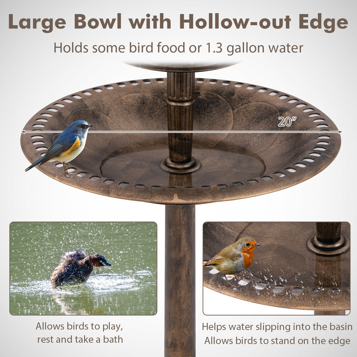 Waterproof Bird Bath & Feeder with Solar Light & Flower Planter - Bronze Variation