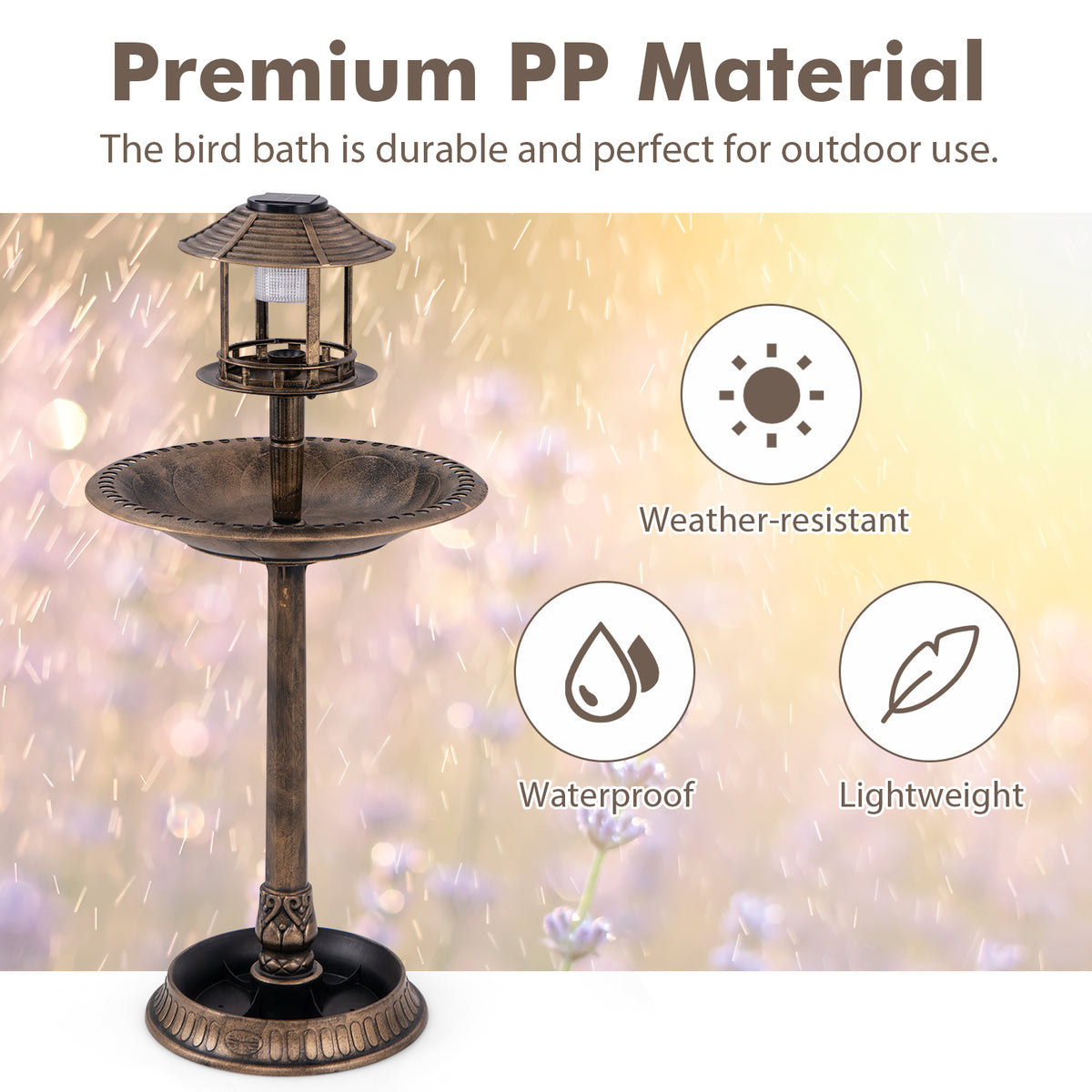 Waterproof Bird Bath & Feeder with Solar Light & Flower Planter - Bronze Variation