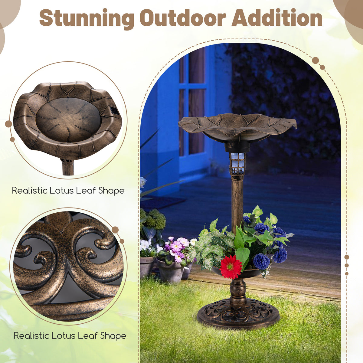 Birdbath and Feeder Combo with Lotus Leaf Bowl - Bronze Bottom Planter Variation