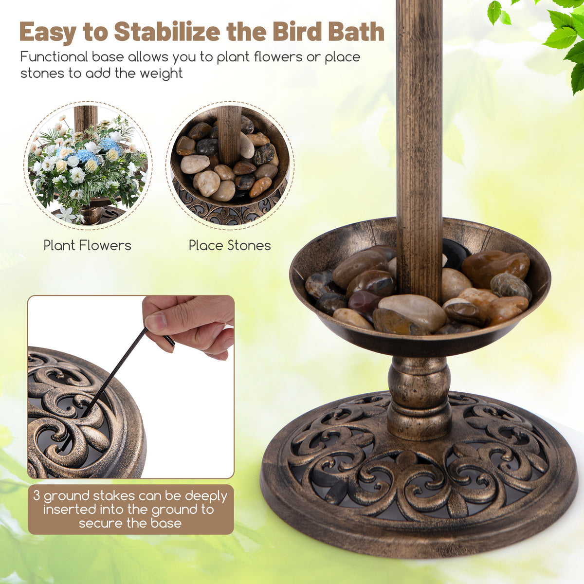 Birdbath and Feeder Combo with Lotus Leaf Bowl - Bronze Bottom Planter Variation