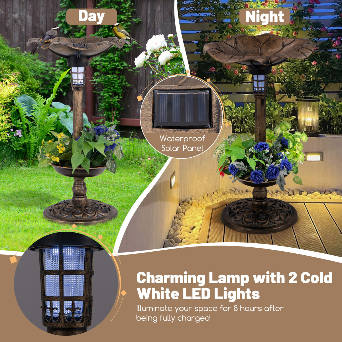 Birdbath and Feeder Combo with Lotus Leaf Bowl - Bronze Bottom Planter Variation