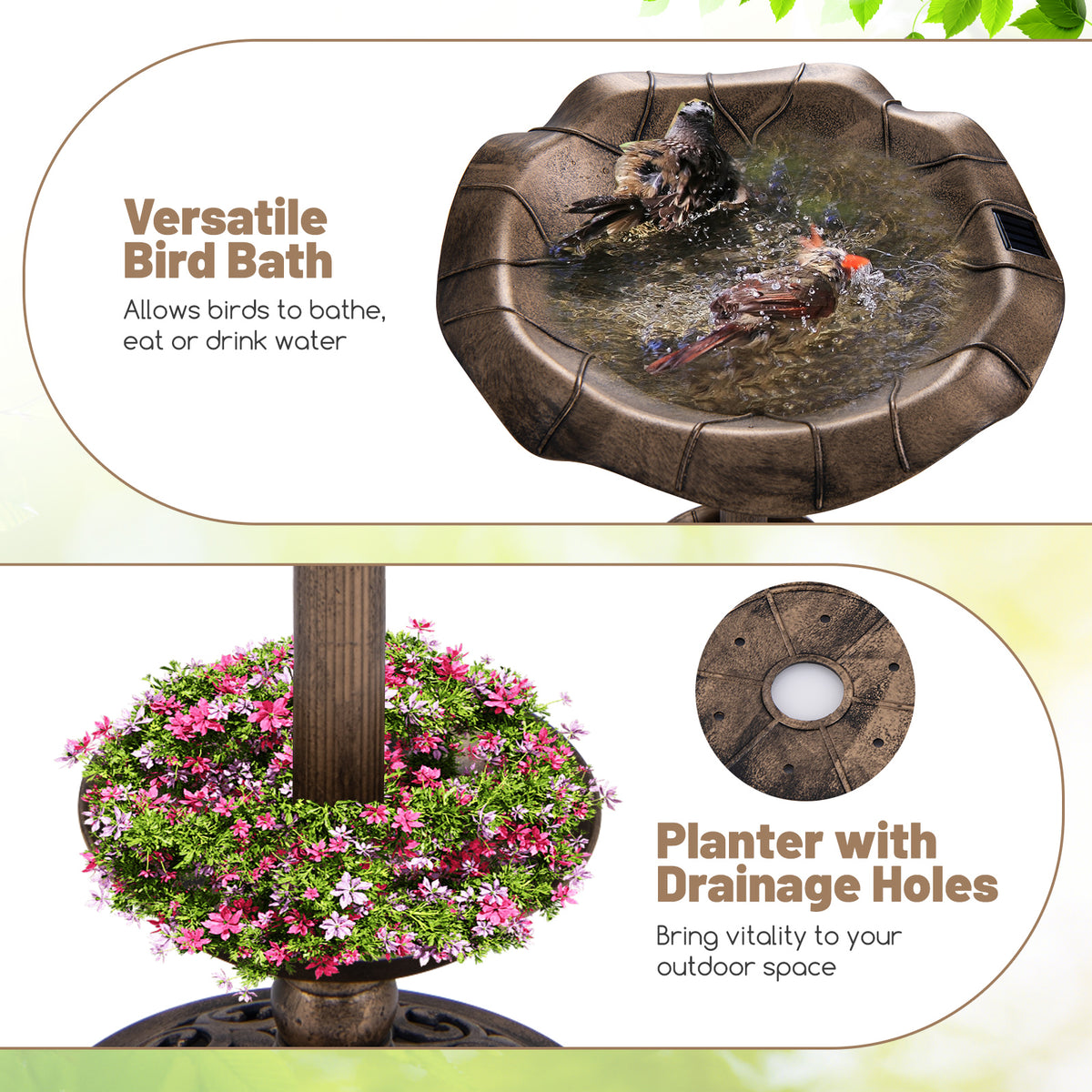 Birdbath and Feeder Combo with Lotus Leaf Bowl - Bronze Bottom Planter Variation