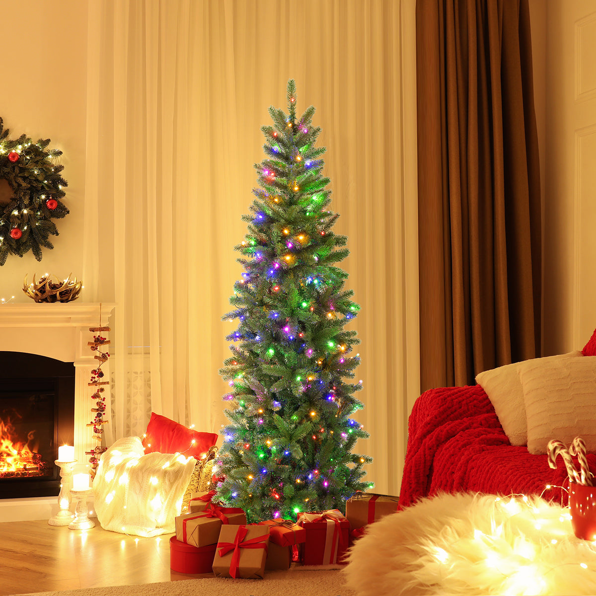Pencil Christmas Tree with 180 LED Lights, Multi-Color & Warm White, Foldable & Adjustable