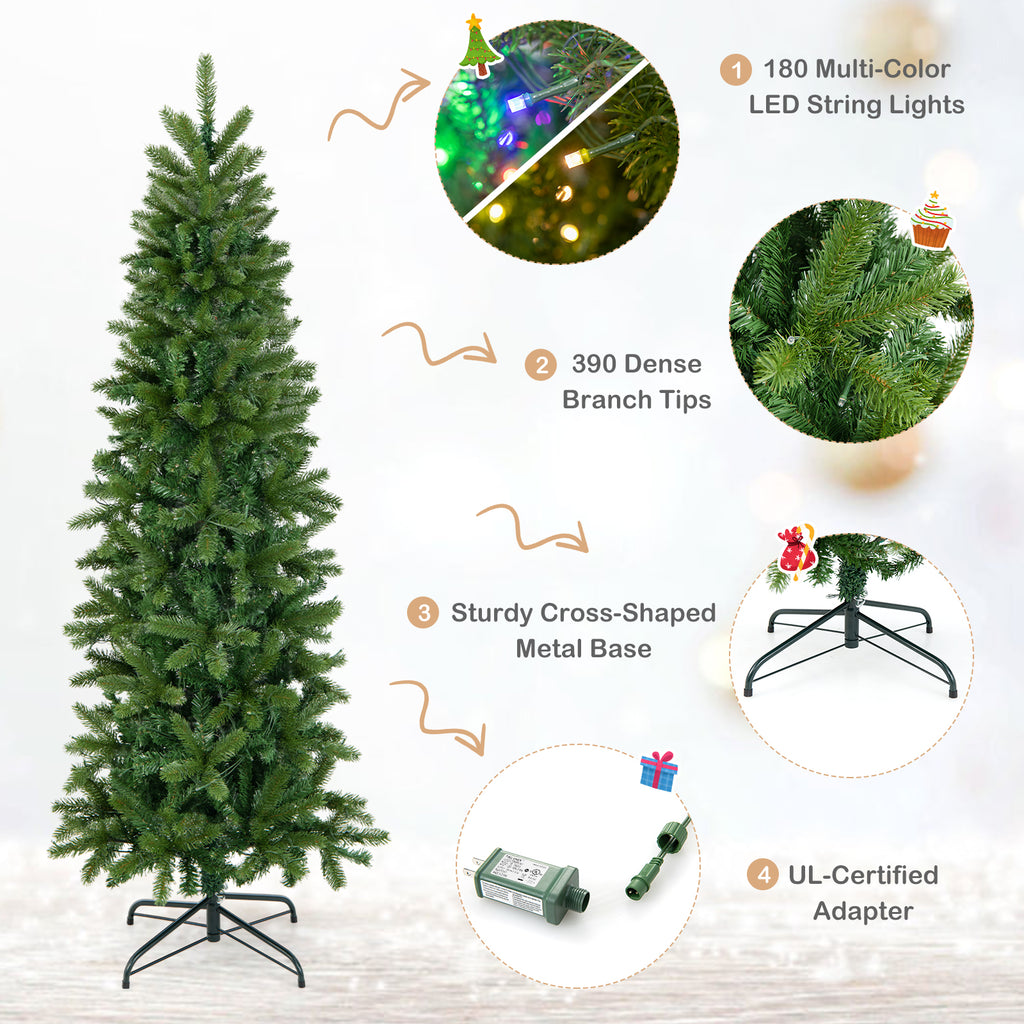 Pencil Christmas Tree with 180 LED Lights, Multi-Color & Warm White, Foldable & Adjustable